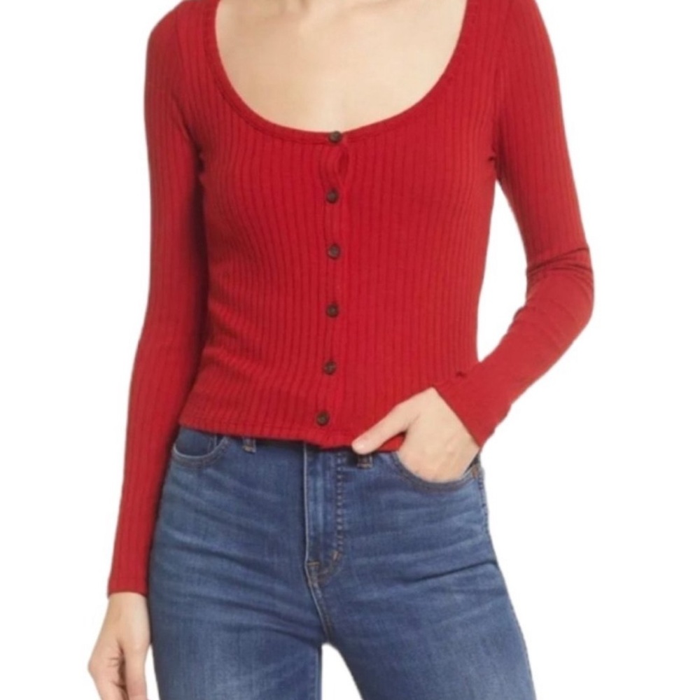 Madewell Red Ribbed Cardigan Crop Tee Top Casual Minimalist Basic